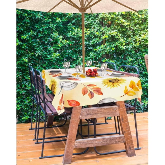Yellow Orange Fall Outdoor Tablecloth - 54 Inch Round Dining Table Cover, Sunflower Pumpkin Botanical Rustic Waterproof Outdoor Table Cloth with Umbrella Hole & Zipper for Picnic/Patio