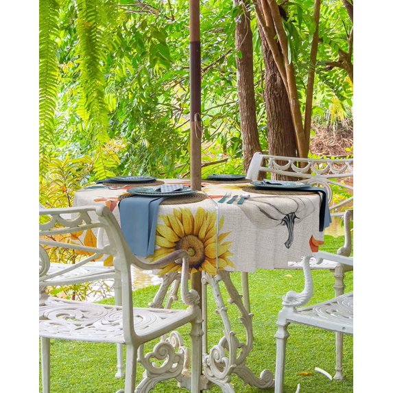 Yellow Orange Fall Outdoor Tablecloth - 54 Inch Round Dining Table Cover, Sunflower Pumpkin Botanical Rustic Waterproof Outdoor Table Cloth with Umbrella Hole & Zipper for Picnic/Patio
