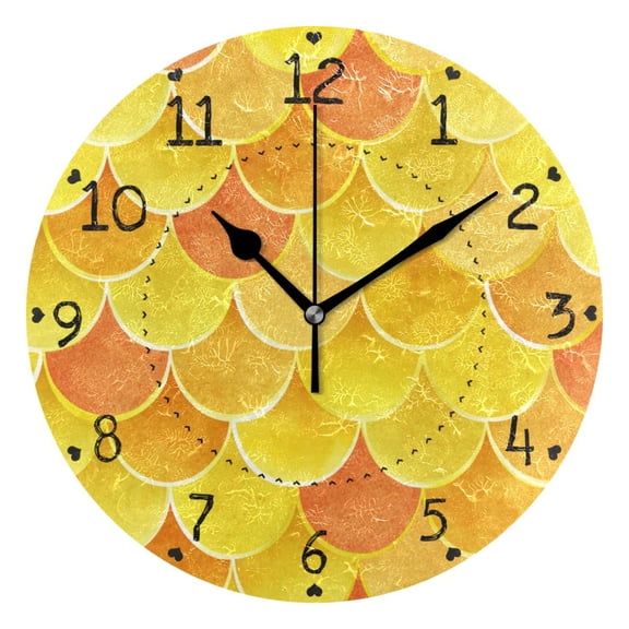 Yellow Orange Fish Scales Round Wall Clock Silent Analog Battery Operated Black Pointer Home Decor 9.84" Diameter