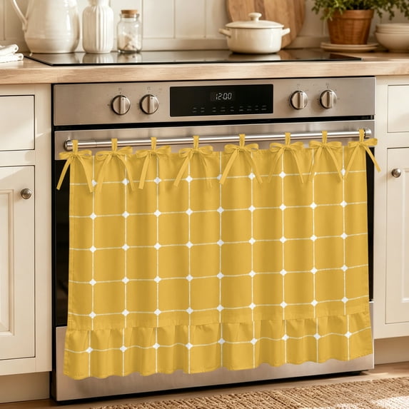 Yellow Orange Gingham Oven Skirt for Farmhouse Kitchen Décor, Modern Minimalist Geometric Plaid Oven Curtain Tie Top Decorative Stove Skirt, Cabinet Dish Washer Curtains with 8 Ribbon Ties 27"x20"