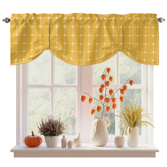 Yellow Orange Gingham Tie Up Valance Curtains for Windows, Kitchen Curtains Window Treatments, Modern Minimalist Geometric Plaid Short Window Shades Valances for Bedroom Bathroom Cafe 54"x18"
