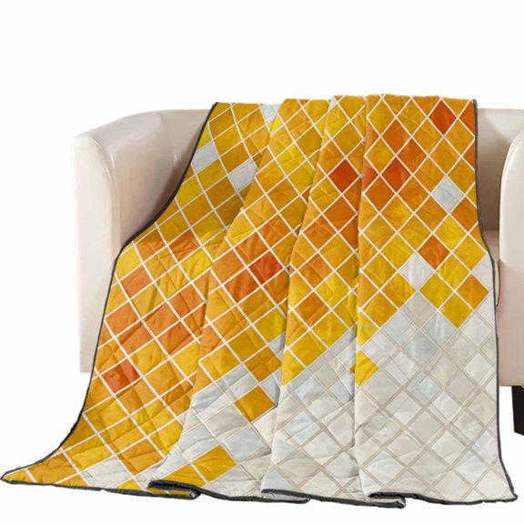 Yellow Orange Gradient Mosaic Quilted Comforters Cooling Blanket Oversized Queen Size, Grid Abstract Color Block Cold Comfort for Hot Sleepers Lightweight Air Conditioning Quilt Blanket for Bed