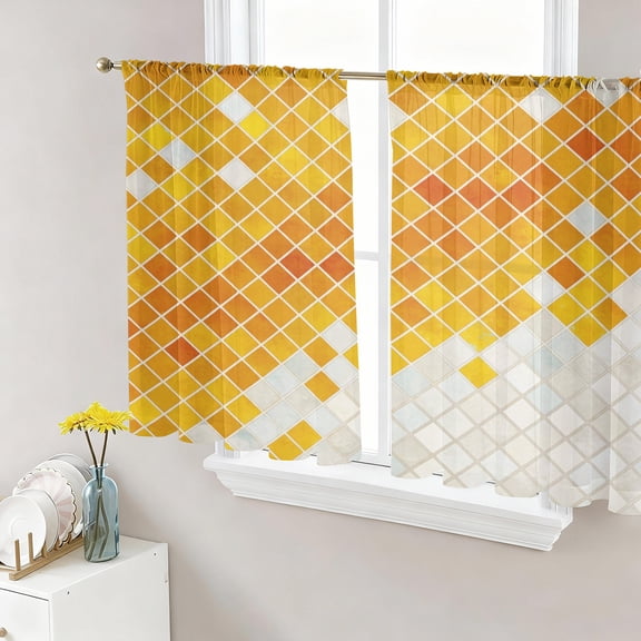 Yellow Orange Gradient Mosaic Sheer Curtains for Living Room Bedroom, Grid Abstract Color Block Light Filtering Sheer Curtain Rod Pocket Voile Window Treaments Drapes, 52 x 54 Inches
