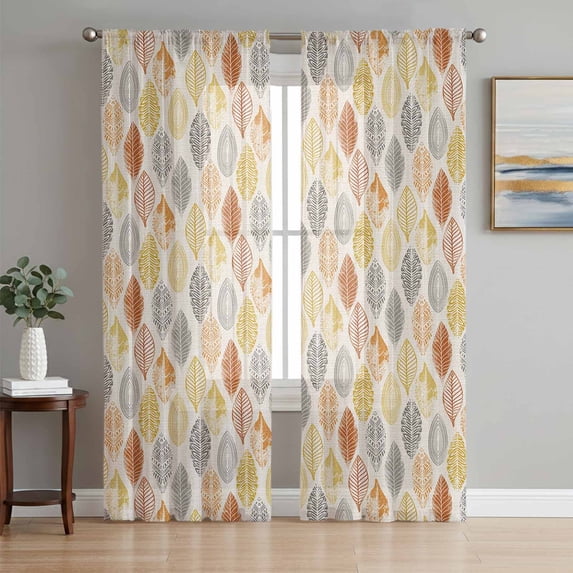 Yellow Orange Grey Tropical Leaves Semi Sheer Window Curtains 72 Inches Long, Farmhouse Burlap Aesthetics Rod Pocket Voile Chiffon Curtain Light Filtering Drapes for Living Room, 52"x72", 2 Panels