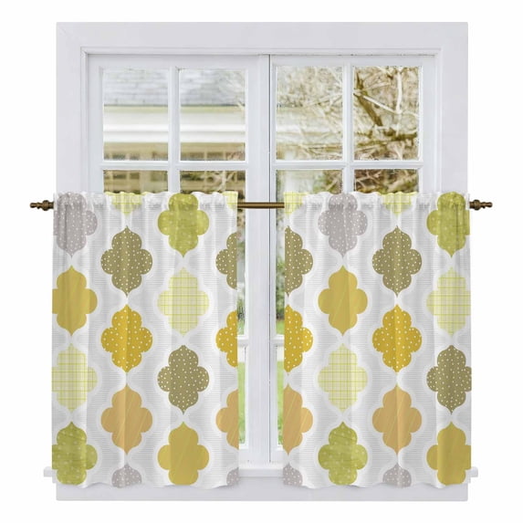 Yellow Orange Moroccan Kitchen Curtains 45 Inch Length, Vintage Boho Geometric Pattern Gray Tiers Curtains for Bathroom Bedroom Cafe, Light Filtering Small Window Treatment Drapes 2 Panels 42"Wx45"L