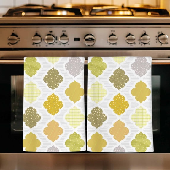 Yellow Orange Moroccan Kitchen Towels Set of 3, Vintage Boho Geometric Pattern Gray Absorbent Dish Towels for Kitchen, Microfiber Hand Towel, Quick Drying Tea Towel for Cleaning Decorative Dishcloths