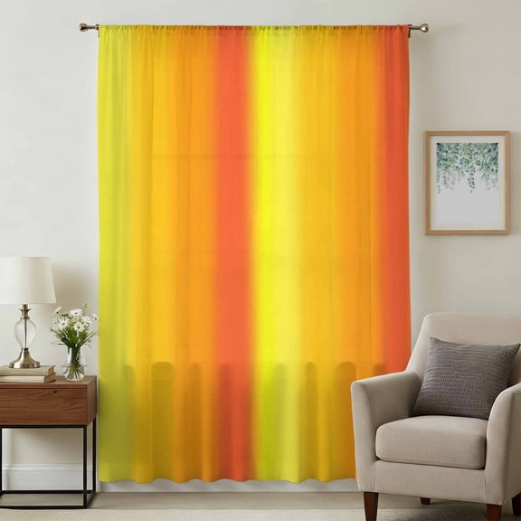 Yellow Orange Ombre Sheer Curtains 45 Inches Long for Bedroom, Vertical Striped Gradient Modern Light Filtering Privacy Drapes, Breathable Semi Sheer Short Window Treatment for Kitchen Cafe Bathroom