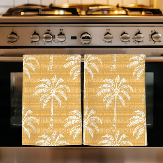 Yellow Orange Palm Tree Kitchen Towels Set of 2, Summer Botanical Tropical Tree Absorbent Dish Towels for Kitchen, Microfiber Hand Towel, Quick Drying Tea Towel for Cleaning Decorative Dishcloths