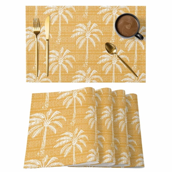 Yellow Orange Palm Tree Placemats Set of 8 Summer Botanical Tropical Tree Place Mats Indoor Wipeable Table Mats Washable Cloth Dining Table Placemats for Kitchen Holiday Party Home Decor 13x19 Inch