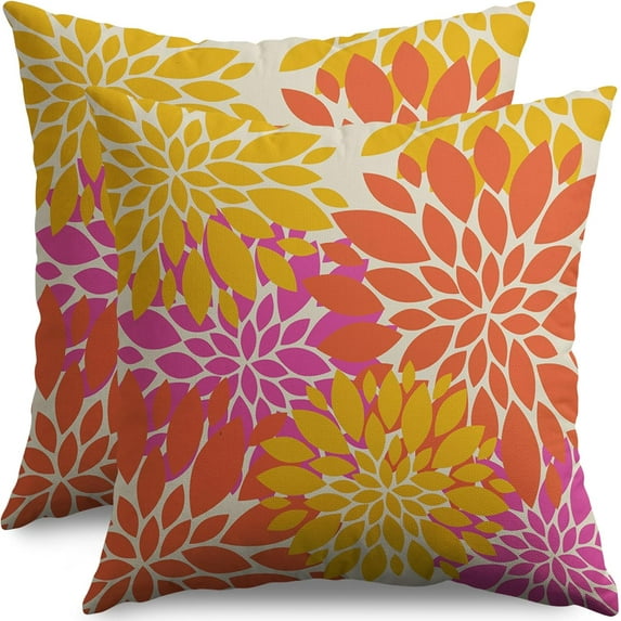 Yellow Orange Pink Pillow Covers 16X16 Inch Set of 2, Spring Summer Modern Geometry Dahlia Floral Print Decorative Throw Pillow Covers Outdoor Farmhouse Cushion Case for Couch Sofa Bed Decor