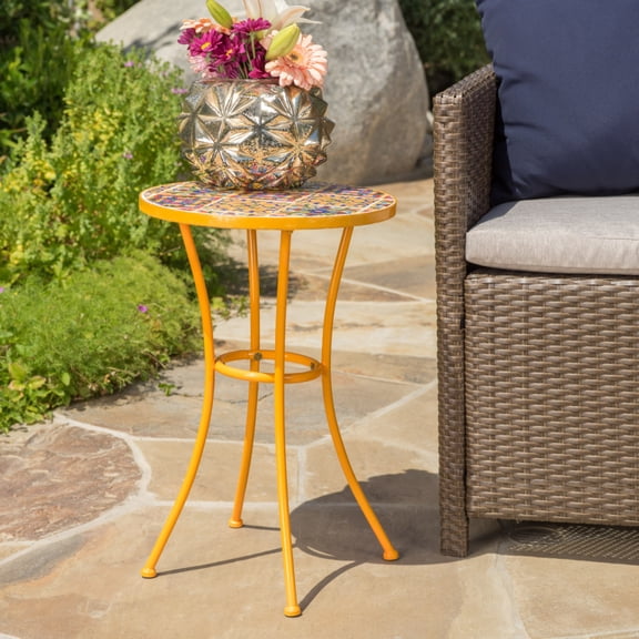 Yellow Orange Powder Coated Iron Legs Outdoor Side Table Mosaic Tile Top Anti Rust Water Resistant 14x14 For Indoor Outdoor