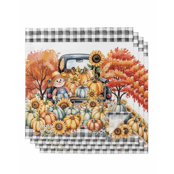 Yellow Orange Pumpkin Fall Cloth Napkins Set of 4 Reusable Dinner Napkins, Thanksgiving Plaid Botanical Truck Cocktail Napkin Washable Table Napkins for Wedding/Holiday Party/Baby Shower 20"x20"