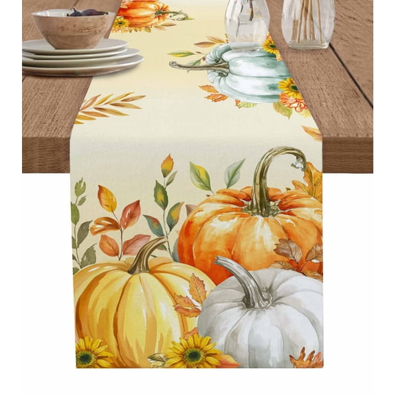 Yellow Orange Pumpkin Fall Table Runner 36 Inches, Thanksgiving Botanical Autumn Leaf Bed Runner Dresser Scarves Tabletop for Indoor Outdoor Parties/Ceremony/Banquet, 13"x 36"
