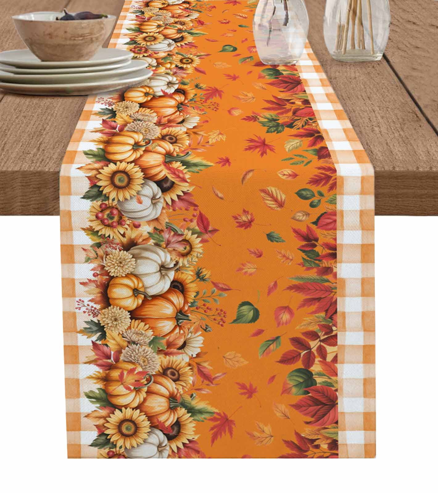 Yellow Orange Pumpkin Fall Table Runner 70 Inches, Thanksgiving Plaid ...