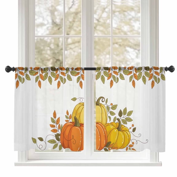 Yellow Orange Pumpkin Sheer Curtains 54 inches Long, Fall Leaf Cartoon Thanksgiving Light Filtering Sheer Window Curtains Rod Pocket Voile Drapes for Bedroom Living Room, 52"W x 54"L 2 Panels