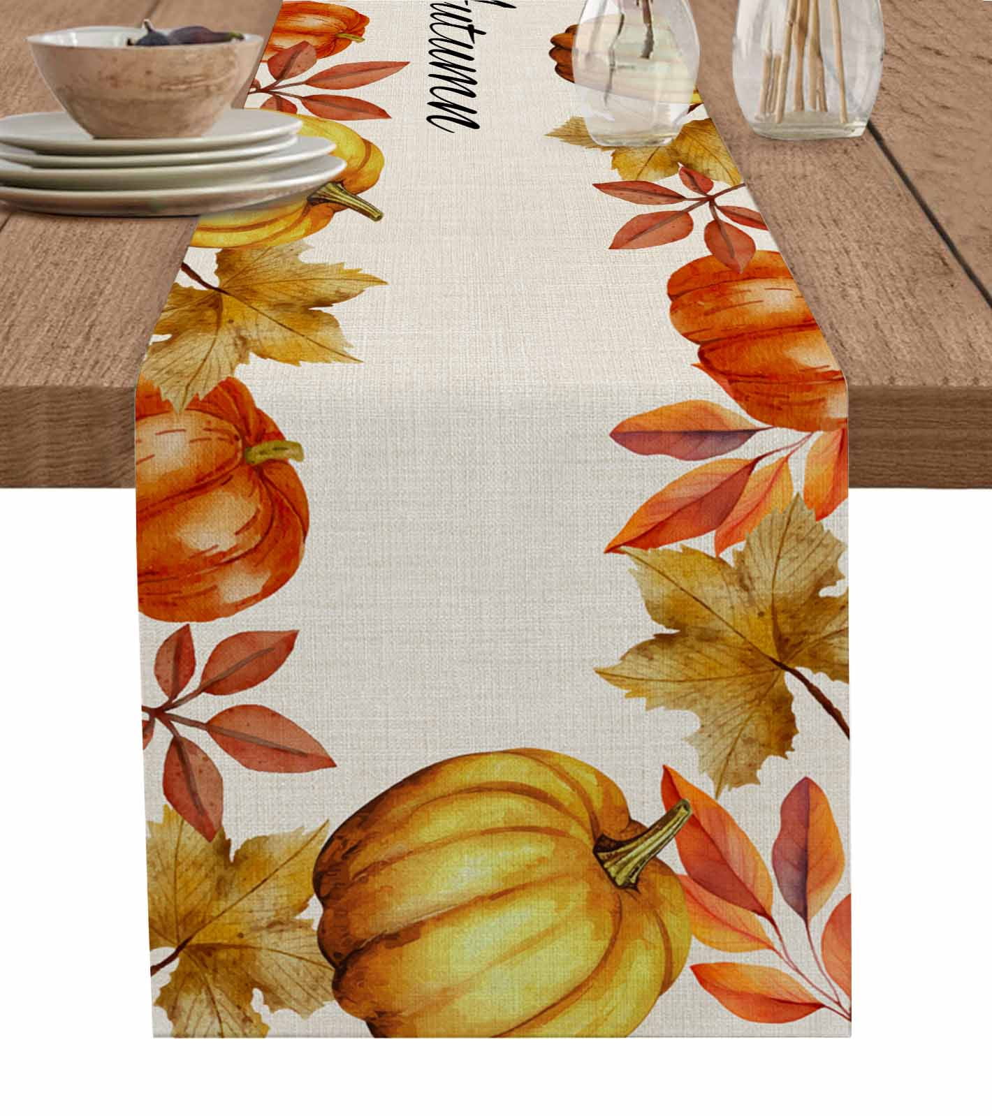 Yellow Orange Pumpkins Fall Burlap-Cotton Table Runner 72 Inches Long ...