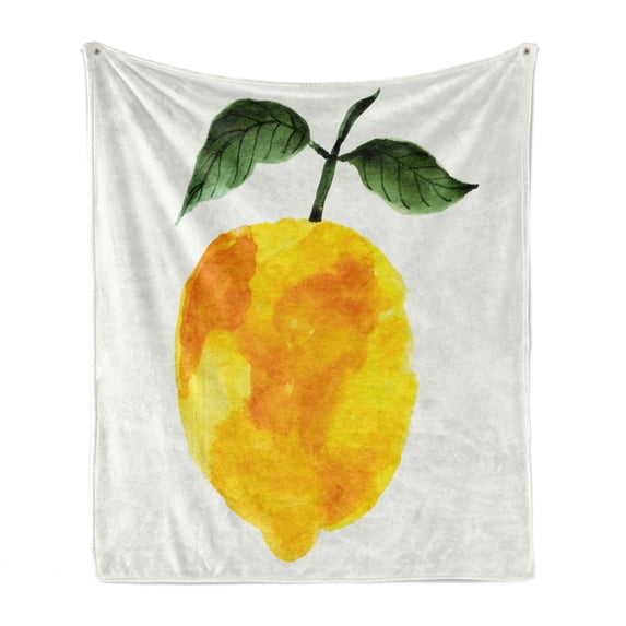 Yellow and Orange Soft Flannel Fleece Blanket, Hand Drawn Lemon Watercolors Summer Organic Food Natural Product, Cozy Plush for Indoor and Outdoor Use, 60" x 80", Yellow Orange Green, by Ambesonne
