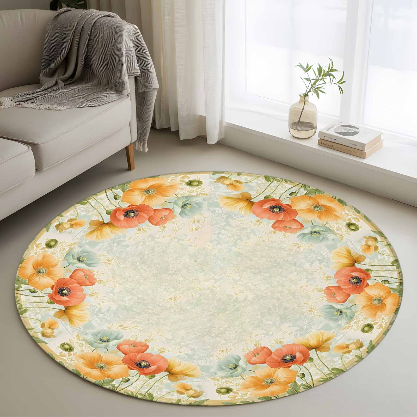 Yellow Orange Spring Floral Round Rug 3ft Washable Circle Entryway Rugs Non Slip Summer Flowers Retro Area Rug Indoor Floor Carpet for Bedroom Kitchen Living Room Home Office Dining Room Nursery