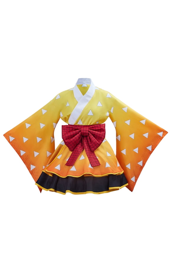 Yellow Orange Triangle Print Kimono Dress - Red Grid Bow Obi & Black Ruffle Hem, Traditional Inspired Costume Set