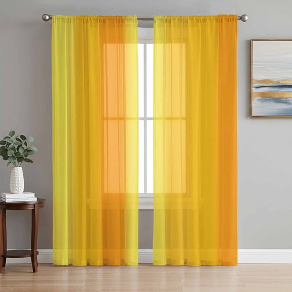 Yellow Orange Vertical Striped Sheer Curtains 108 Inch Length 2 Panels Set, Modern Color Ombre Voile Window Treatment Semi Sheer Long Curtains Drapes for Bedroom/Living Room/Kitchen 52"x108"x2