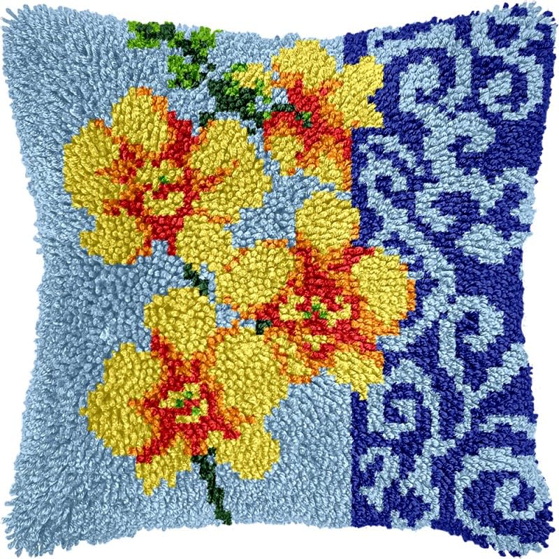 Yellow Orchid Latch Hook Pillow Kits Pillow Cover with Pattern Printed Canvas Crochet Cross Hooking Pillowcase Cushion Crafts Embroidery Latch Hooking Crochet Kits 17x17 inch(72)