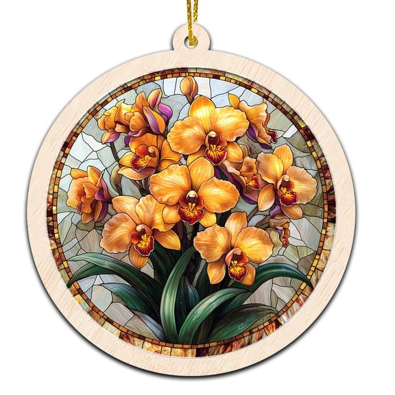 Yellow Orchids Stained Glass Suncatcher Ornament  Text Christmas 2025 Tree Decoration Gift for Family, Friends, Man & Woman