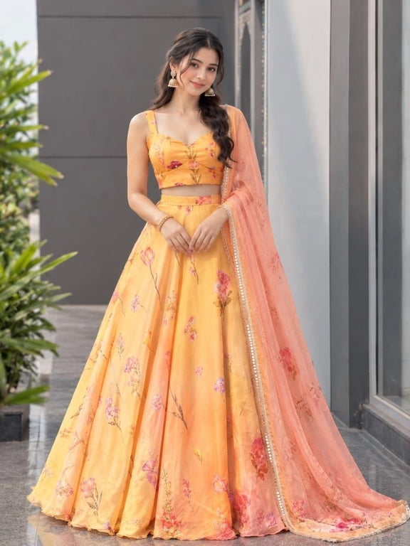 Yellow Organza Lehenga Choli for Women, Digital Floral Print Ready to Wear Lehenga Set with Stitched Blouse & Mirror Lace Dupatta, Haldi Wedding Party Wear