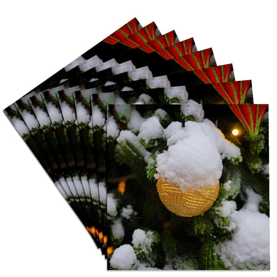 3drose, Yellow Ornament Ball, Bright Light. Snow-covered Christmas Tree, Set of 8 Ceramic Tile Coasters