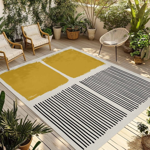Yellow Outdoor Rug for Patio/Deck/Porch, Non-Slip Large Area Rug 4 x 6 Ft, Modern Painting Farmhouse Striped Abstract Art Indoor Outdoor Rugs Washable Area Rugs, Reversible Camping Rug Carpet Runner