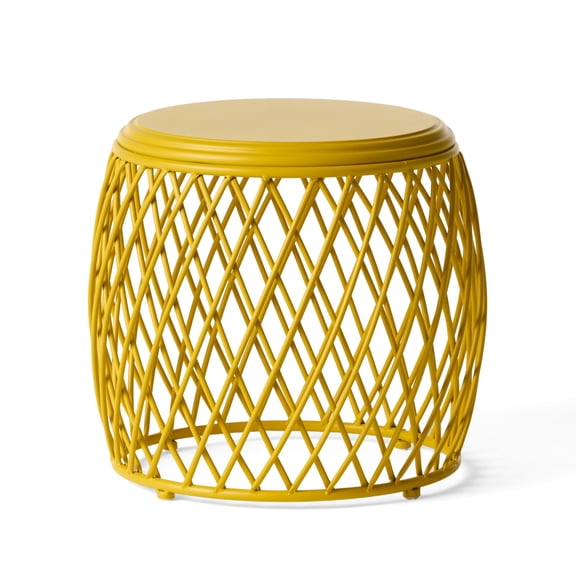 Yellow Outdoor Side Table with Lattice Design for Patio and Garden, 19.75 Inch Round Iron End Table No Assembly Required