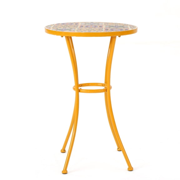 Yellow Outdoor Side Table with Tile Mosaic Top and Metal Legs, 14x14x21.5 Inch Space Saving Patio Table for Small Balcony