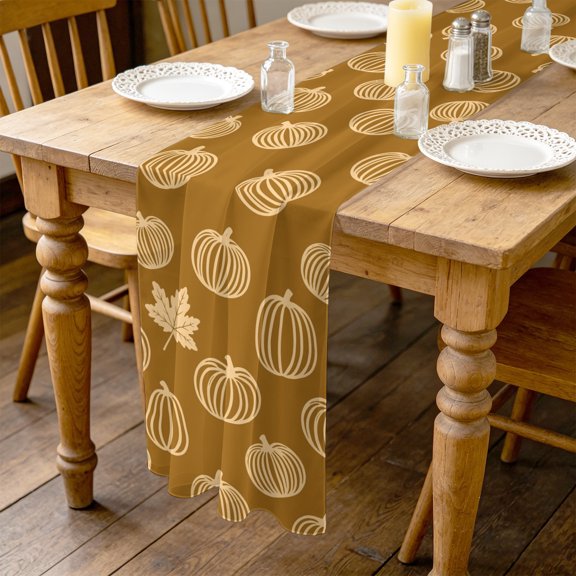 Yellow Outline Pumpkins 10ft Cheesecloth Table Runner for Wedding 27"x120", Autumn Maple Leaf Brown Kitchen Dinner Sheer Tulle Chiffon Dresser Scarf, Holiday Party Decorations