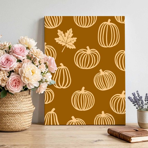Yellow Outline Pumpkins Canvas Wall Art for Living Room, Autumn Maple Leaf Brown Poster Print Painting for Bedroom Office Home Decoration Wall Pictures Prepare To Hang 8"x12"