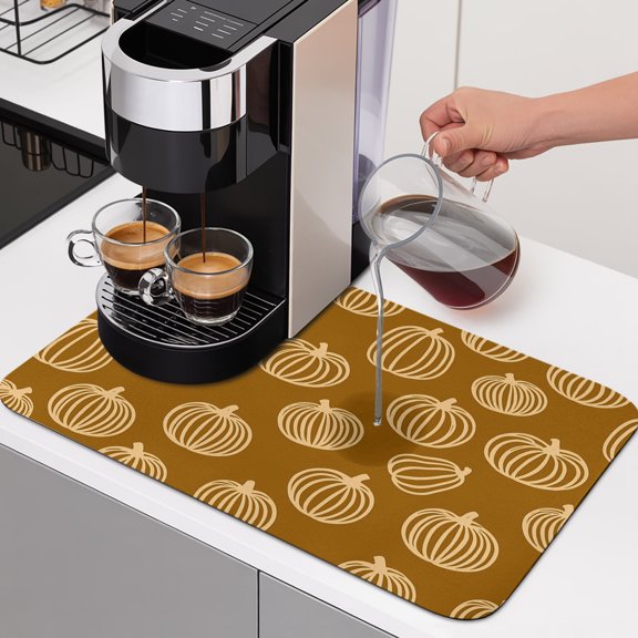 Yellow Outline Pumpkins Dish Drying Mats for Kitchen Counter, Autumn Maple Leaf Brown Absorbent Coffee Bar Mat with Non-slip Rubber Backed Quick Drying Dish Rack Pad 12"x16"