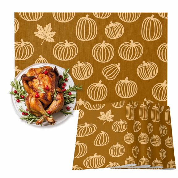 Yellow Outline Pumpkins Placemats Set of 1 Autumn Maple Leaf Brown Heat Insulation Non-Slip Place Mats Washable Table Mats for Dining room Party Kitchen Decor, 13 x 19 Inches