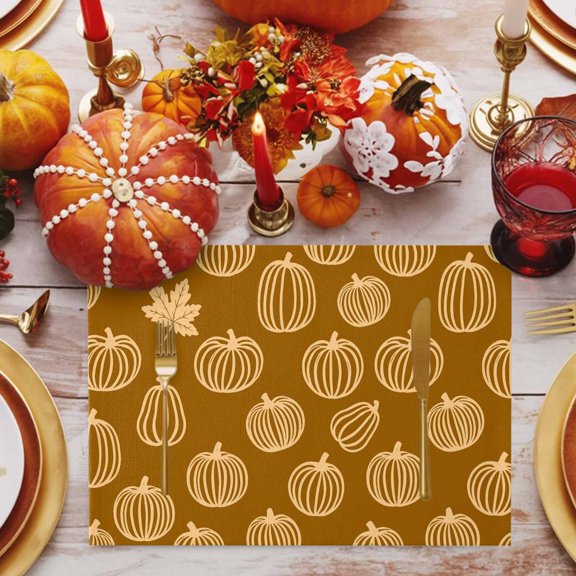 Yellow Outline Pumpkins Placemats Set of 1, Autumn Maple Leaf Brown Non-Slip Place Mats Washable Table Mats for Kitchen Dining Table Decorations Indoor/Outdoor
