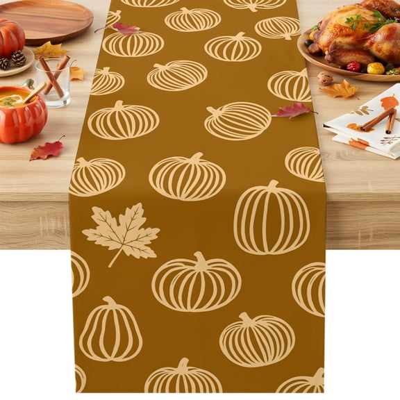 Yellow Outline Pumpkins Table Runner 13x108 Inch Autumn Maple Leaf Brown Cotton Linen Dining Table Runner Ideal for Dresser Kitchen Coffee Tables - Machine Washable