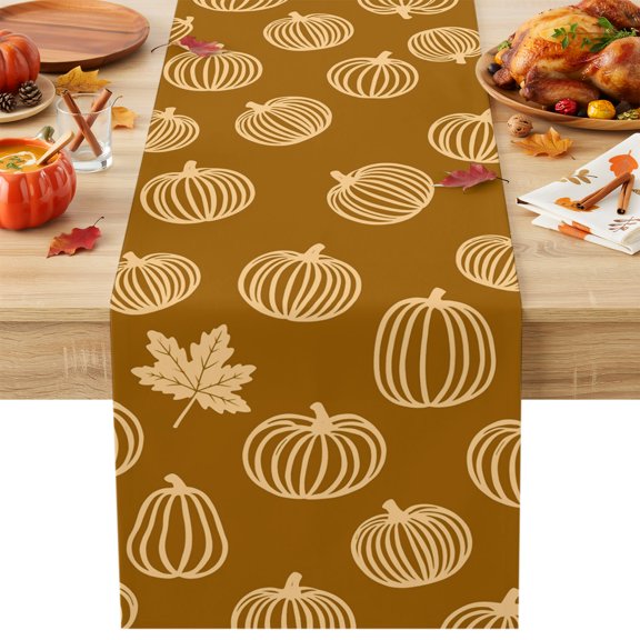 Yellow Outline Pumpkins Table Runner 13x36 Inch Autumn Maple Leaf Brown Cotton Linen Dining Table Runner Ideal for Dresser Kitchen Coffee Tables - Machine Washable