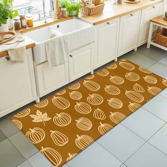 Yellow Outline Pumpkins Washable Runner Rugs 2'x6', Autumn Maple Leaf Brown Washable Runner Rug Non-Slip Sturdy Edge Binding Carpet for Bedside Hallway Runner Kitchen Galley