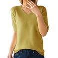 thumbnail image 1 of Yellow Oversized Tshirts for Women, Elbow-Length Tops for Women Trendy, Cotton Work Wear Women, Women's Fashion Sweater V Neck Half Sleeve Loose Base T Shirt Top, 1 of 9