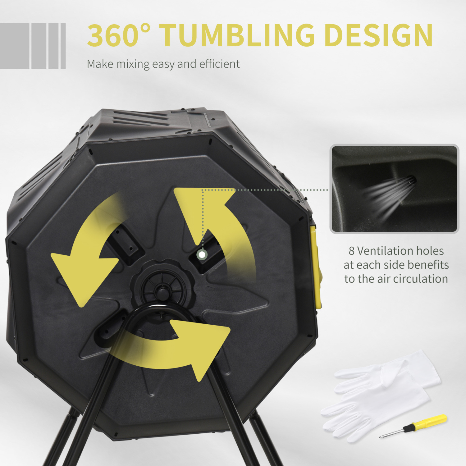 Yellow PNGCAN Tumbling Compost Bin Outdoor Dual Chamber 360° Rotating