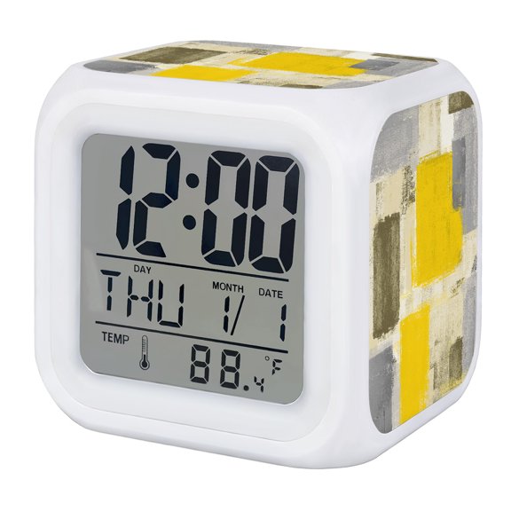 Yellow Paint Alarm Clock, Abstract Mottled Classic Art Digital Clock Night Light with 7 Color, Calendar Temperature Display, LED Desk Small Clock for Bedrooms Bedside Living Room