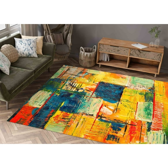 Yellow Painting Rugs, Navy Blue Rug, Modern Rug, Kitchen Rug, Colorful Rug, Small Rug, Non Slip Rug, Gift For Him, Runner Rug, Abstract Rug, 3.3'x5' - 100x150 cm