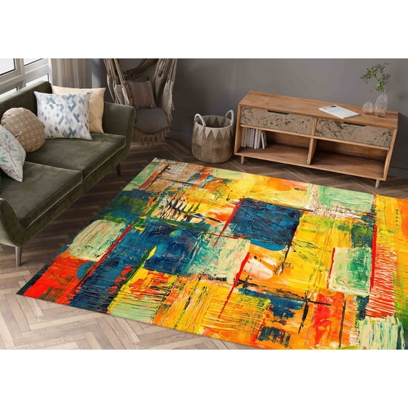 Yellow Painting Rugs, Navy Blue Rug, Modern Rug, Kitchen Rug, Colorful Rug, Small Rug, Non Slip Rug, Gift For Him, Runner Rug, Abstract Rug, 3.3'x6.5' - 100x200 cm