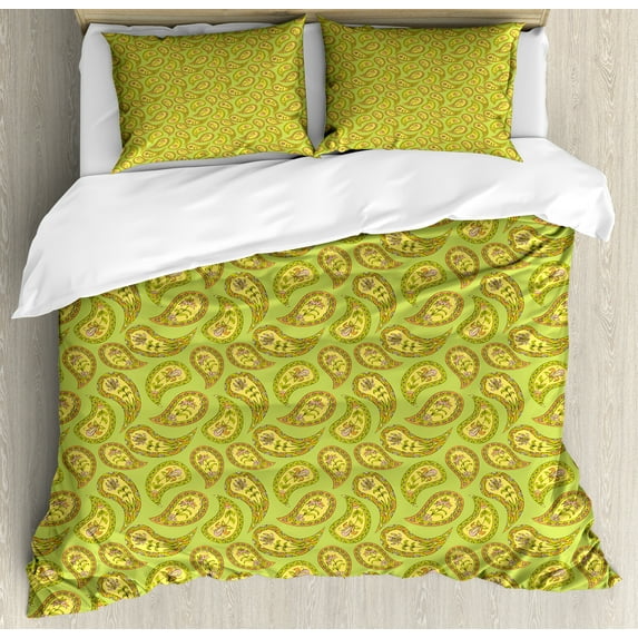 Yellow Paisley Duvet Cover Set, Oriental Floral Hand Drawn Illustraiton, Decorative 3 Piece Bedding Set with 2 Pillow Shams, Queen Size, Yellow Green Yellow, by Ambesonne