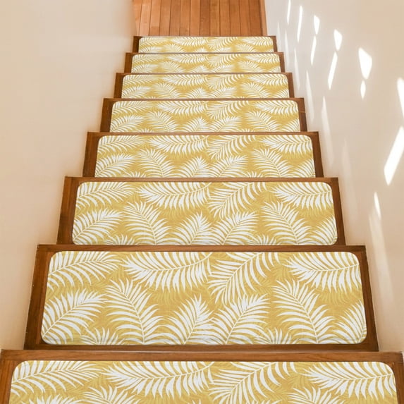 Yellow Palm Leaf Stair Treads Non Slip for Steps Country Coastal Tropical Boho Beach Tree Leaves 10 Pcs Reusable Adhesive Stair Runner Mats for Dogs Elders Carpet Treads Rugs for Staircase 8x30 In