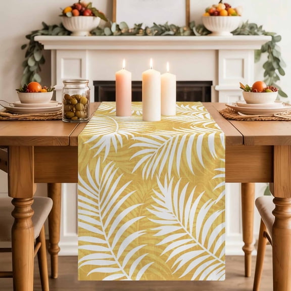 Yellow Palm Leaf Table Runner, Country Coastal Tropical Boho Beach Tree Leaves Washable Cotton-linen Table Runners Dining Kitchen Decoration for Everyday Home Wedding Party Decor, 18 x72 Inch