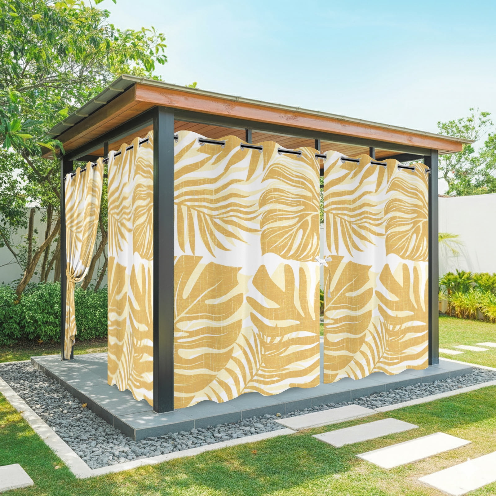 Yellow Palm Leaves Outdoor Curtains for Patio, Tropical Botanical Minimalist Modern Sunshade Privacy Drapes Grommet Waterproof Outside Curtains for Porch/Cabana/Balcony 54"x 108", 1 Panel