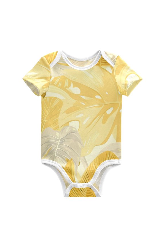 Yellow Palm Leaves Pure Cotton Bodysuit Short Sleeve Pajamas One-Piece Romper Unisex 18M