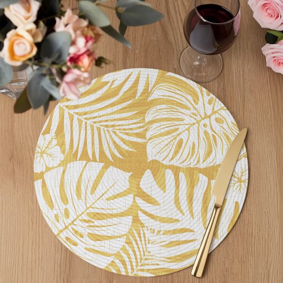 Yellow Palm Leaves Round Braided Placemats Set of 4, Monstera Tropical Botanical Modern Minimalist Heat Insulation Place Mats Washable Non-Slip Table Mats for Kitchen Dining Party, 13 Inches